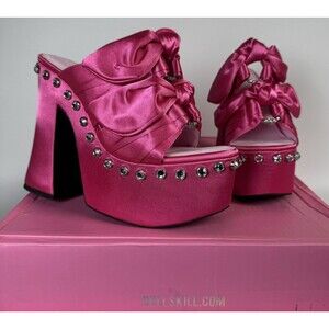 Sugar Thrillz Strike a Pose Diamante Bow Mule Heels Pink Satin Platform Size 10